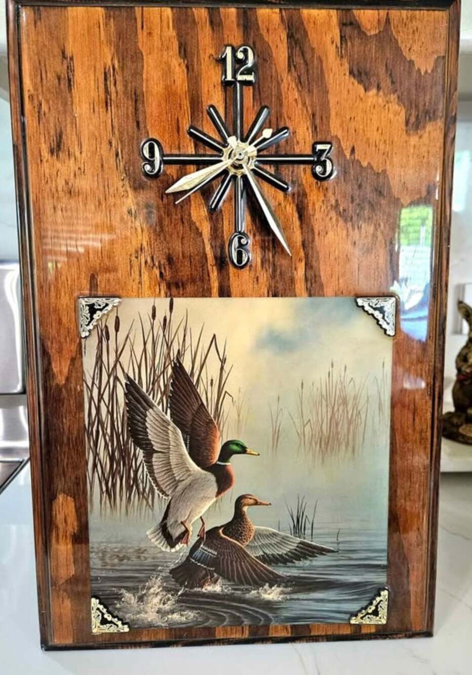 Vintage Mallard Duck Wall Clock with Foil Art Print and Wood Frame